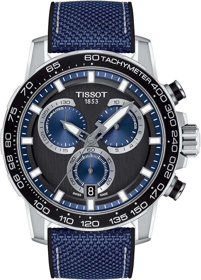 Tissot Mens Supersport Chrono 316L Stainless Steel case Swiss Quartz Watch, Blue, Black, Textile, 22 (T1256171705103)