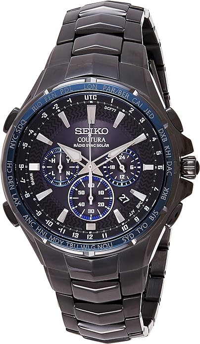 SEIKO SSG010 Watch for Men - Coutura Collection - Radio Sync Solar Chronograph, Two-Tone Stainless Steel Case & Bracelet, Black Dial with Lumibrite Hands & Markers, and Date Calendar